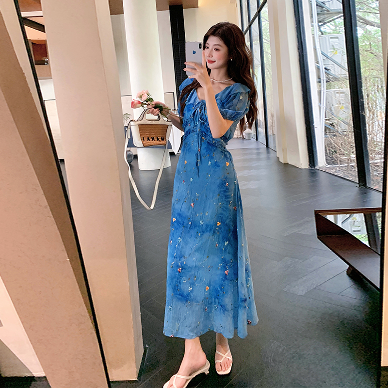 Casual tie dye embroidery long dress floral slim summer dress
