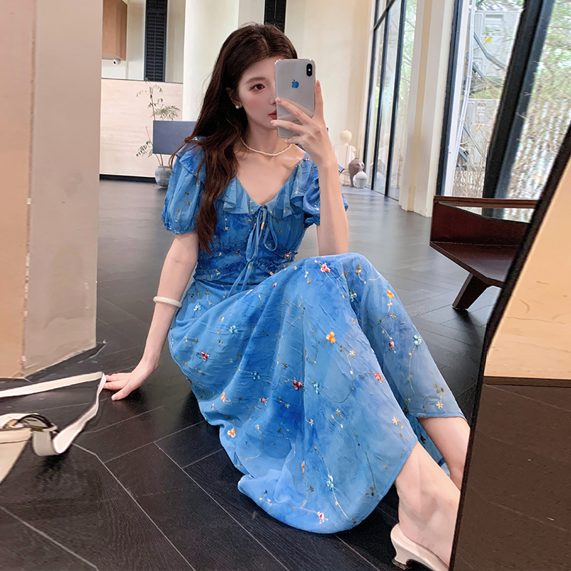 Casual tie dye embroidery long dress floral slim summer dress