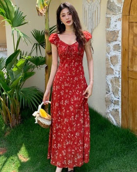 France style slim red long dress vacation seaside dress