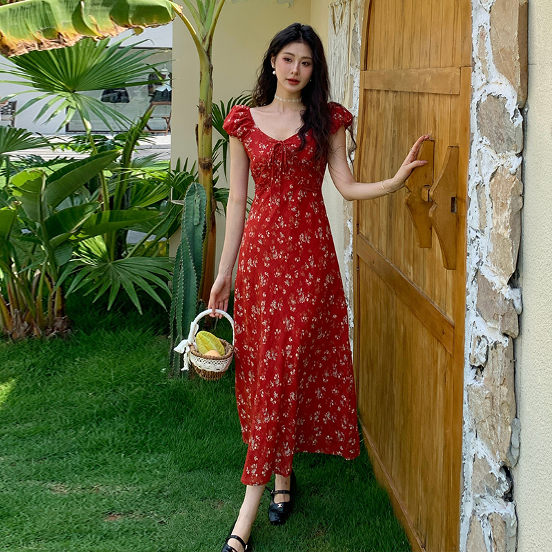 France style slim red long dress vacation seaside dress