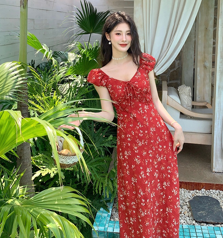 France style slim red long dress vacation seaside dress