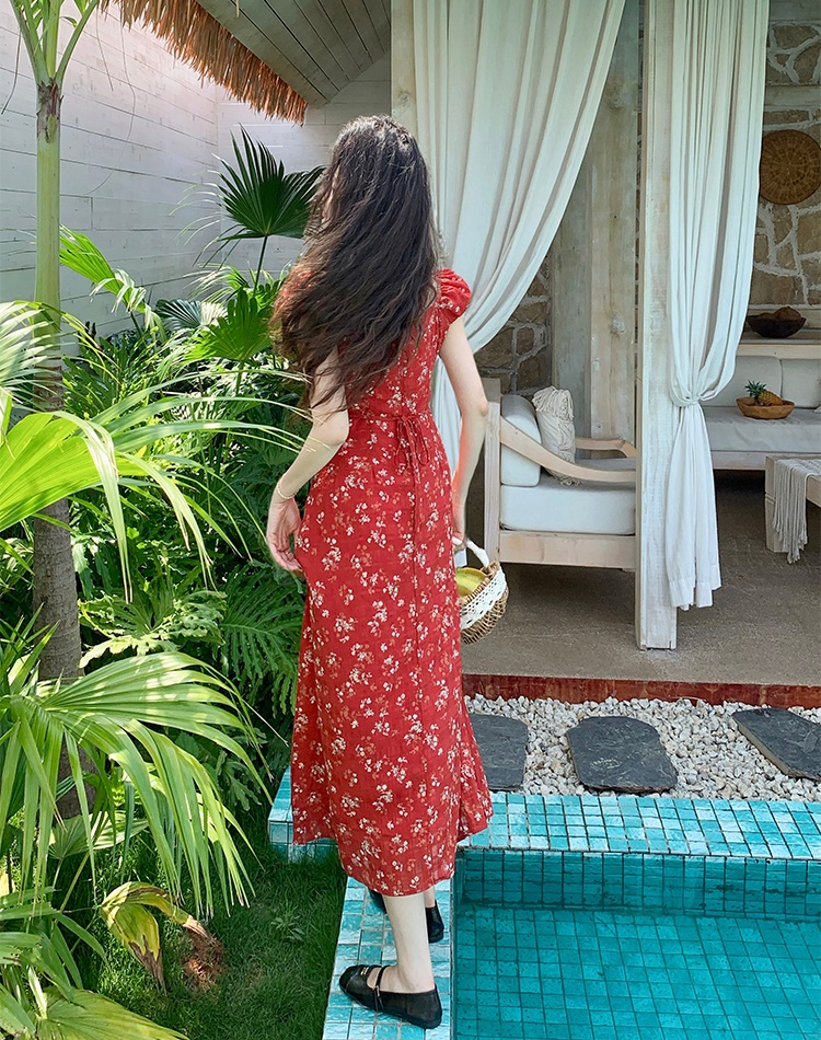 France style slim red long dress vacation seaside dress