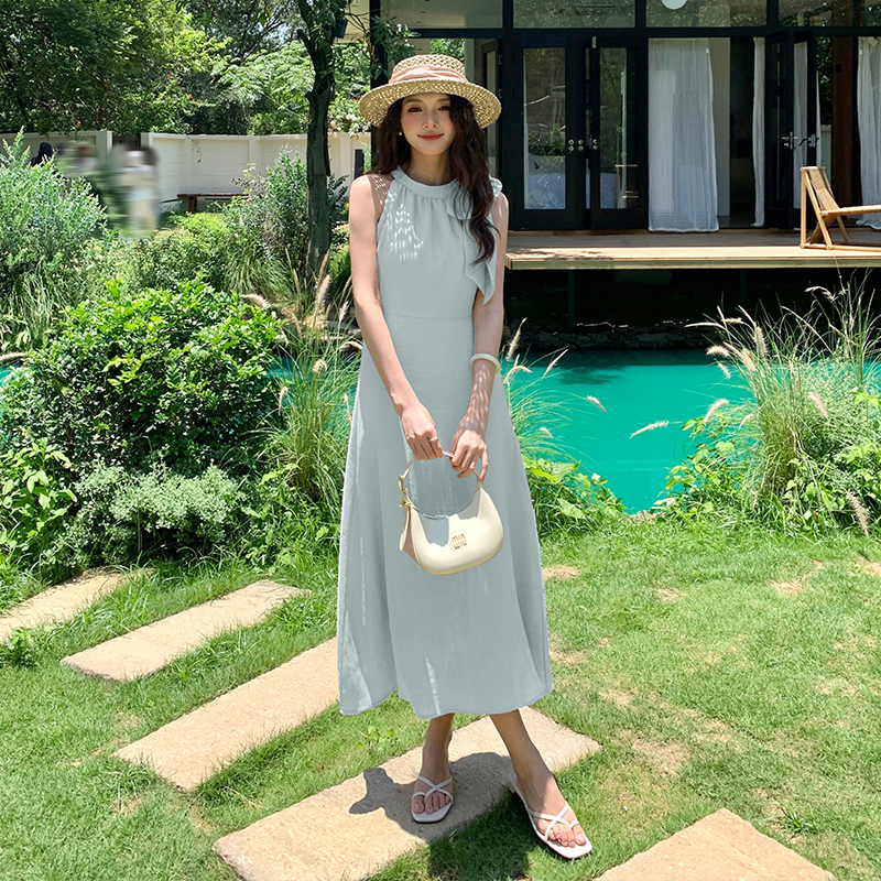 Temperament A-line frenum dress bow halter long dress