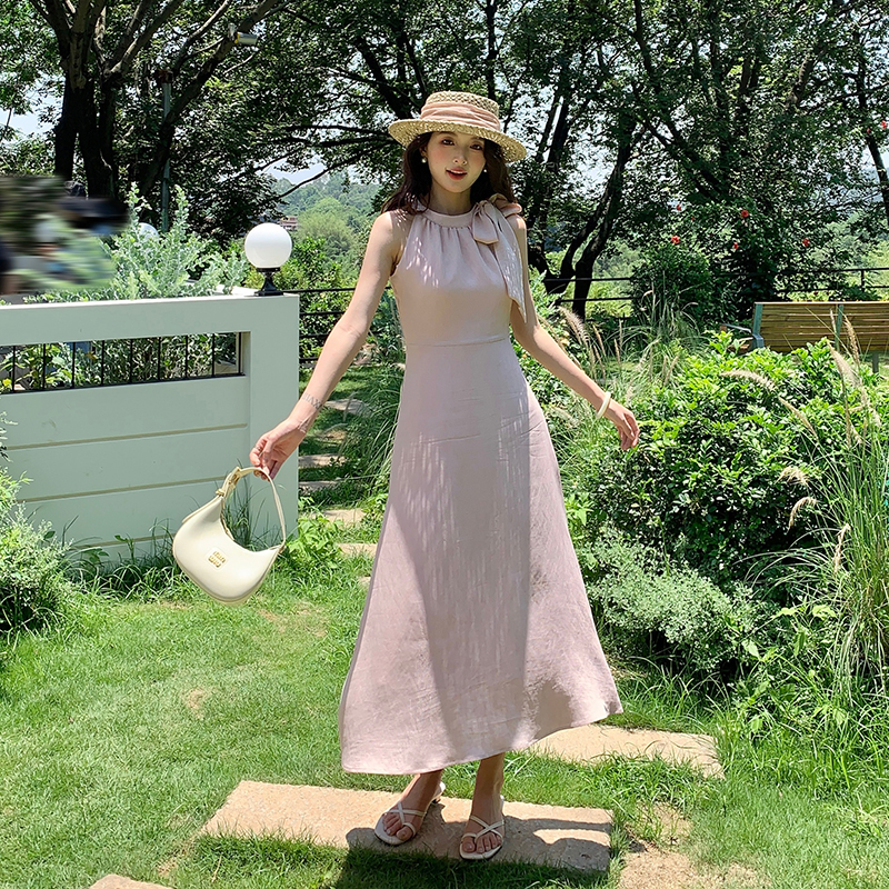 Temperament A-line frenum dress bow halter long dress