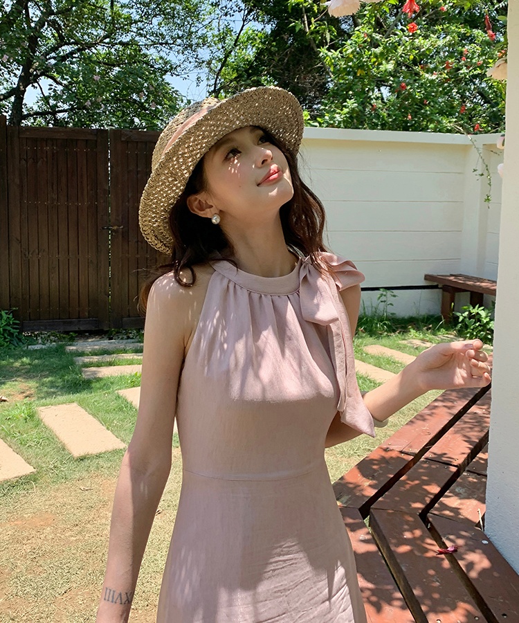 Temperament A-line frenum dress bow halter long dress