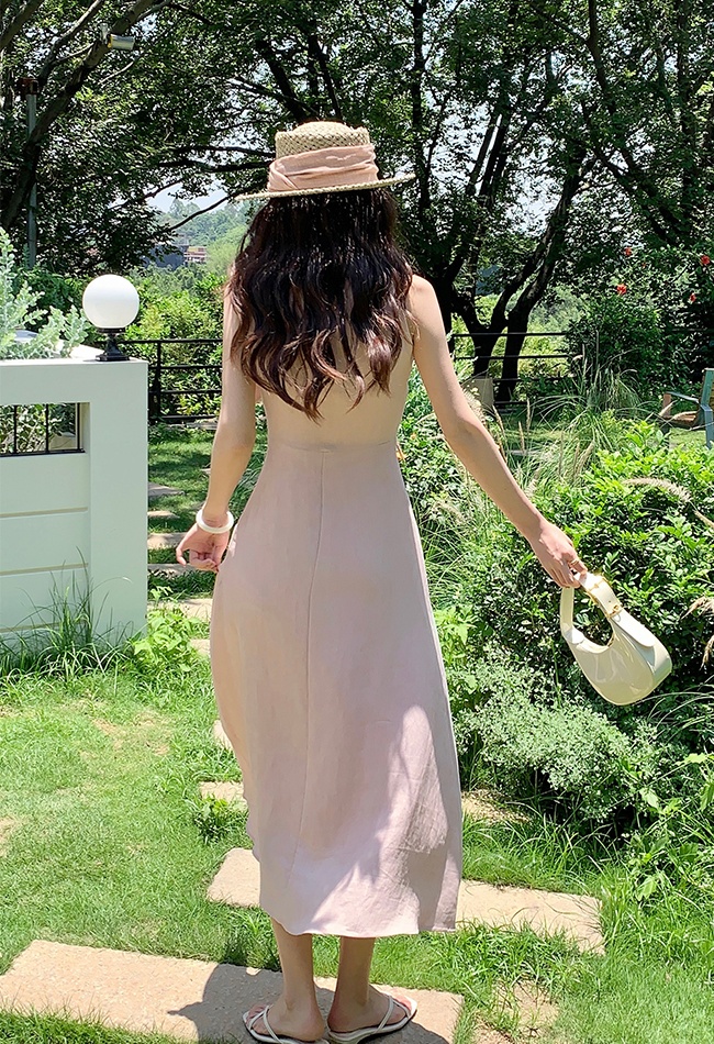 Temperament A-line frenum dress bow halter long dress