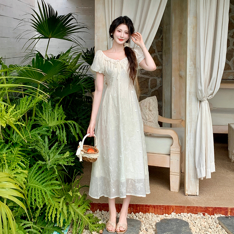 Short sleeve apricot long dress unique dress for women