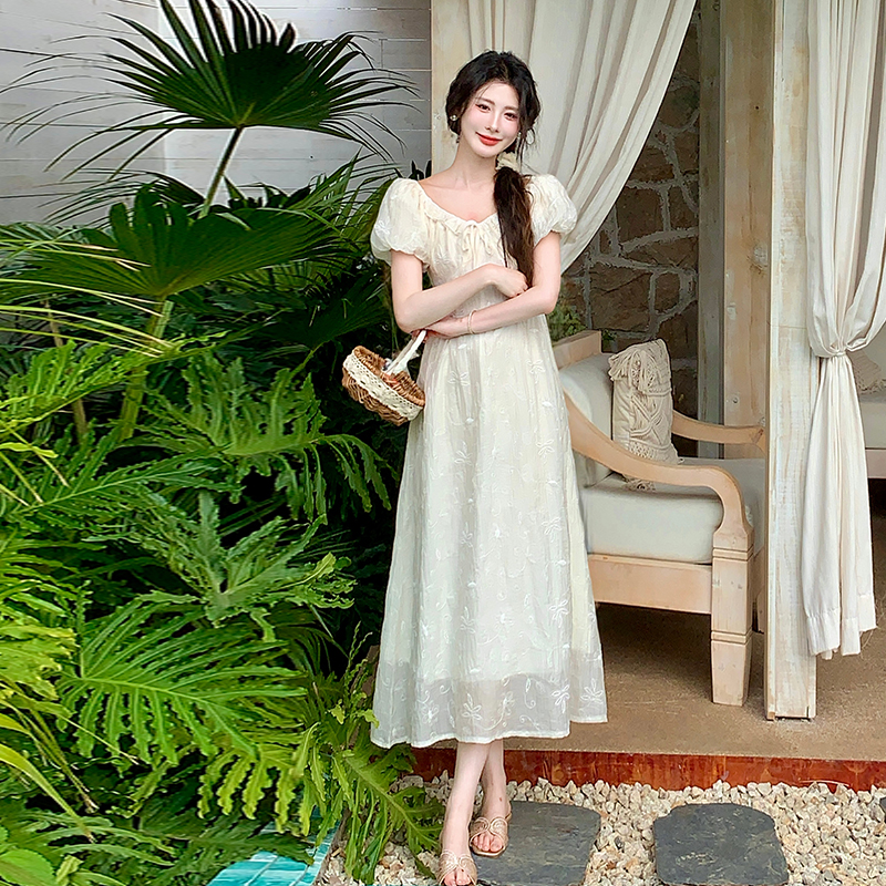 Short sleeve apricot long dress unique dress for women