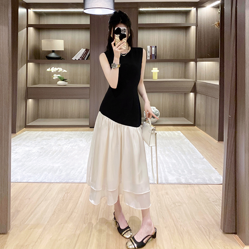 Summer simple mixed colors splice pinched waist dress