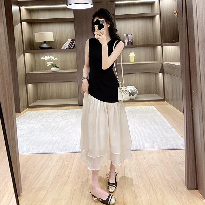 Summer simple mixed colors splice pinched waist dress