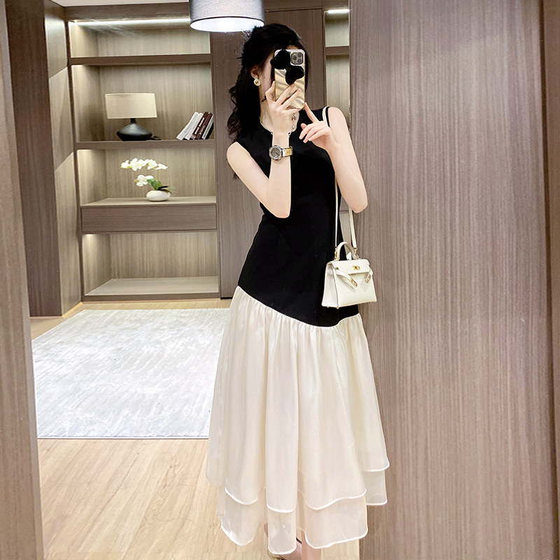 Summer simple mixed colors splice pinched waist dress