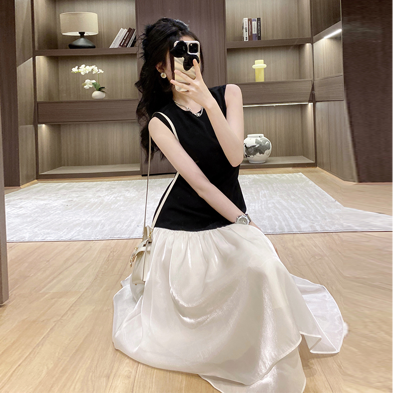 Summer simple mixed colors splice pinched waist dress