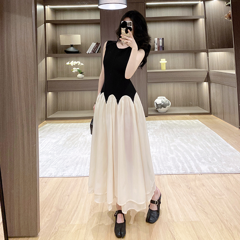 Round neck sleeveless long dress splice niche dress