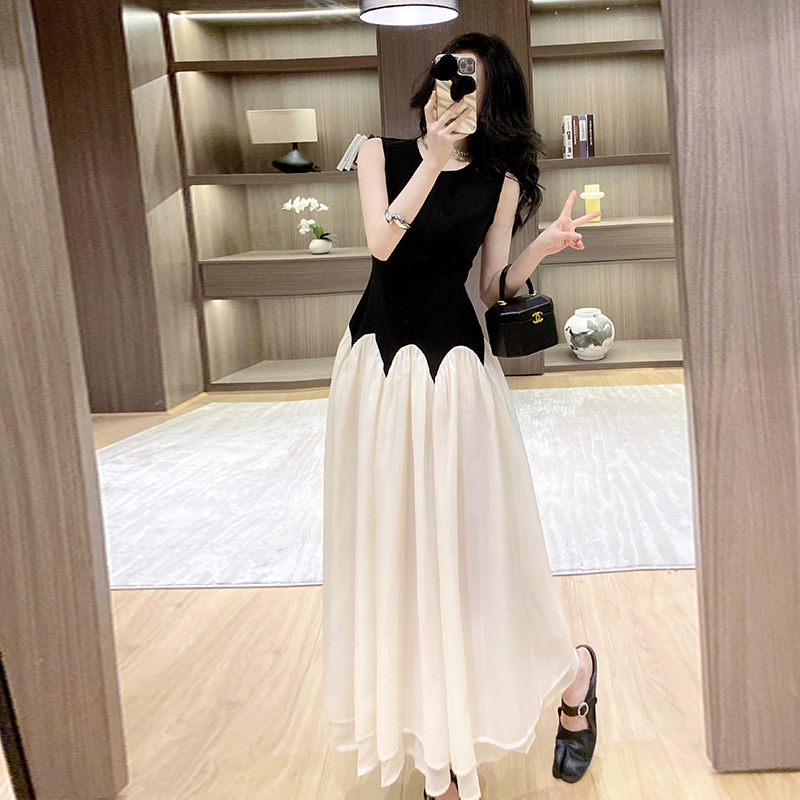 Round neck sleeveless long dress splice niche dress