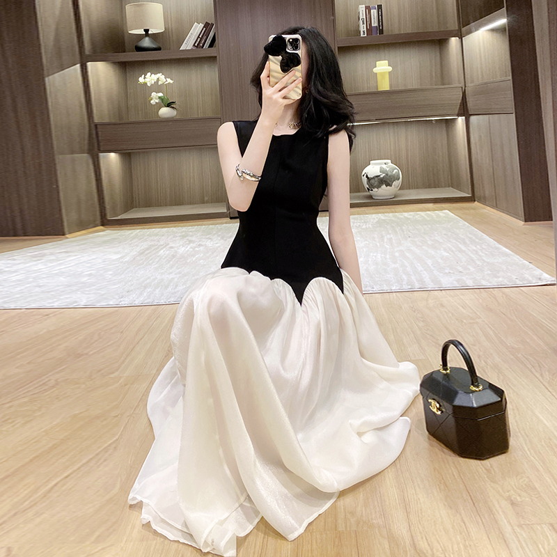 Round neck sleeveless long dress splice niche dress