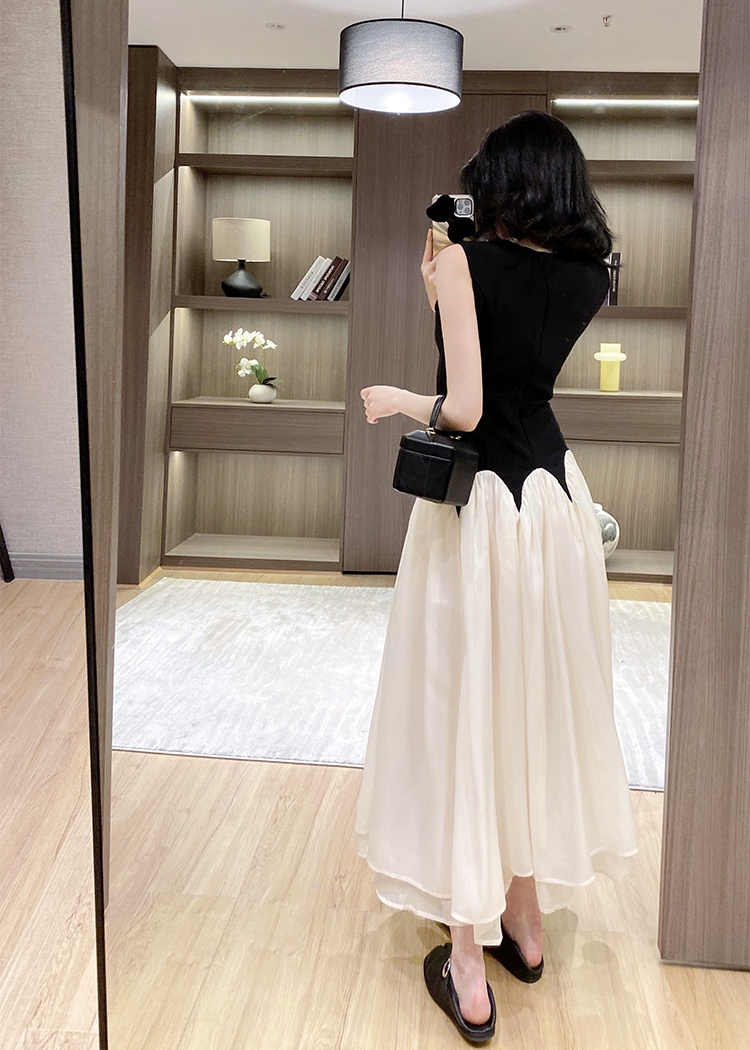Round neck sleeveless long dress splice niche dress