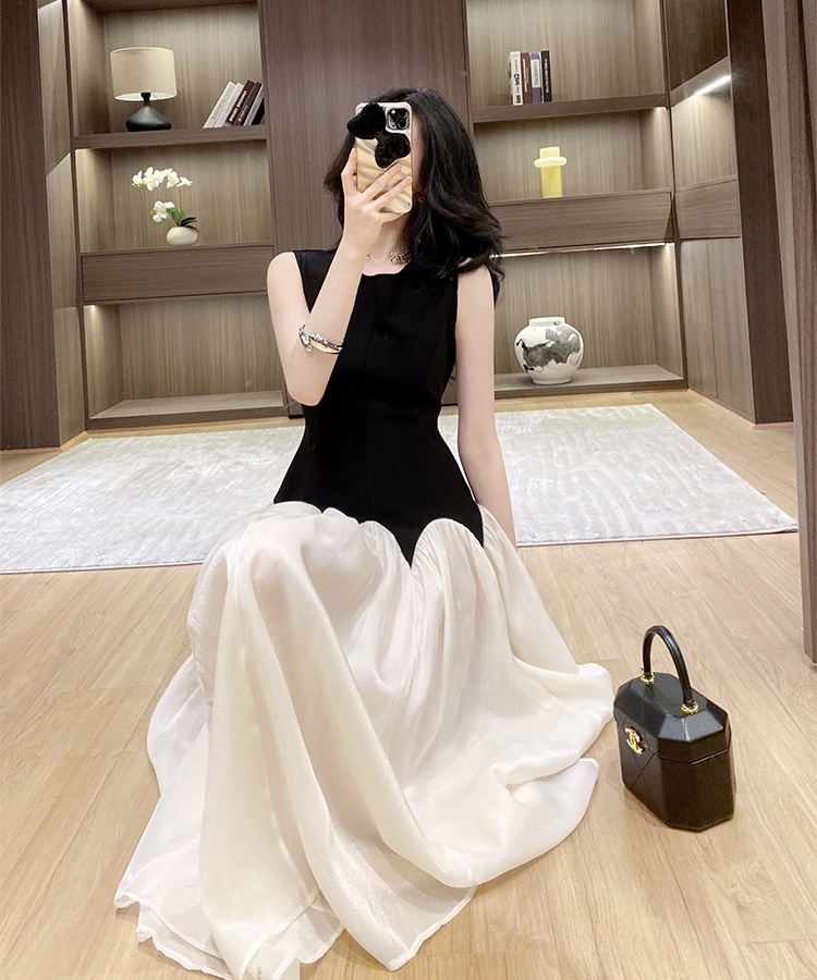 Round neck sleeveless long dress splice niche dress