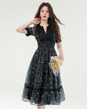Printing Casual long dress V-neck pinched waist dress