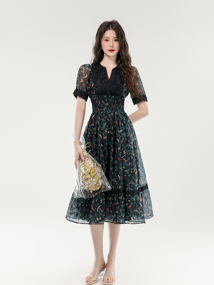 Printing Casual long dress V-neck pinched waist dress