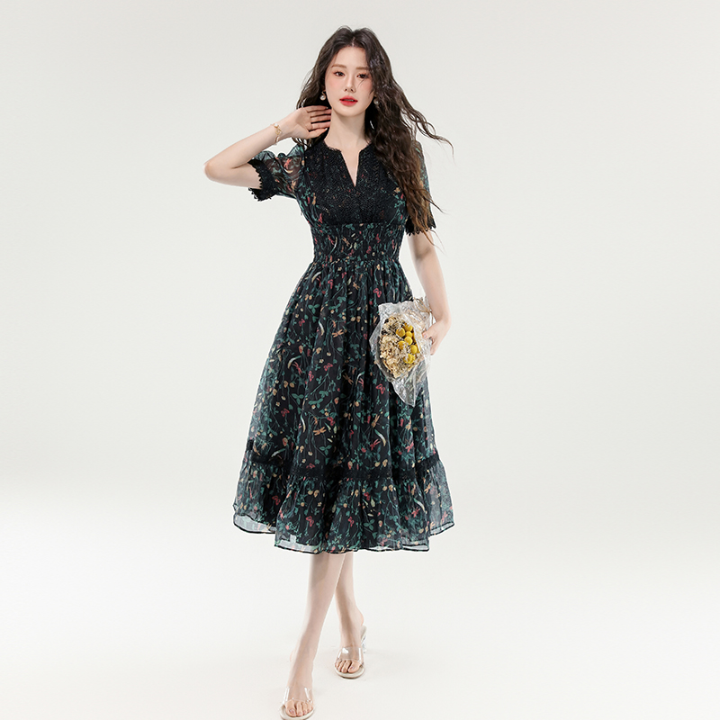 Printing Casual long dress V-neck pinched waist dress