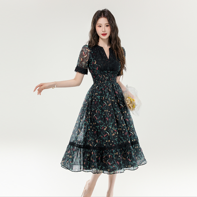 Printing Casual long dress V-neck pinched waist dress