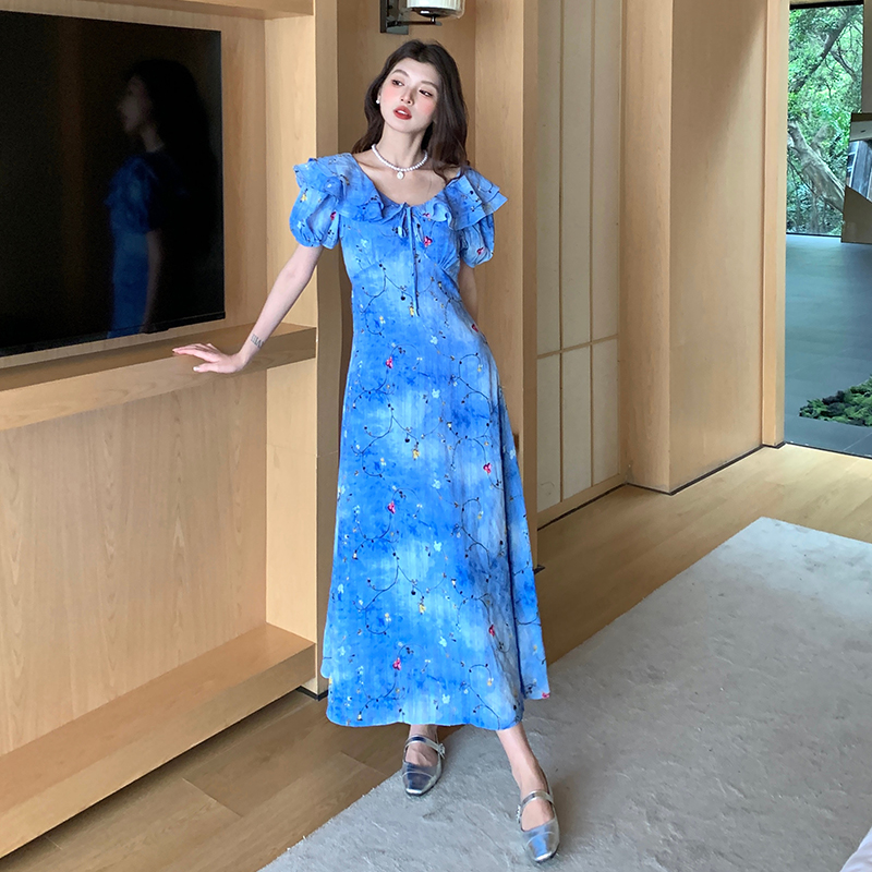 France style V-neck long dress slim floral dress