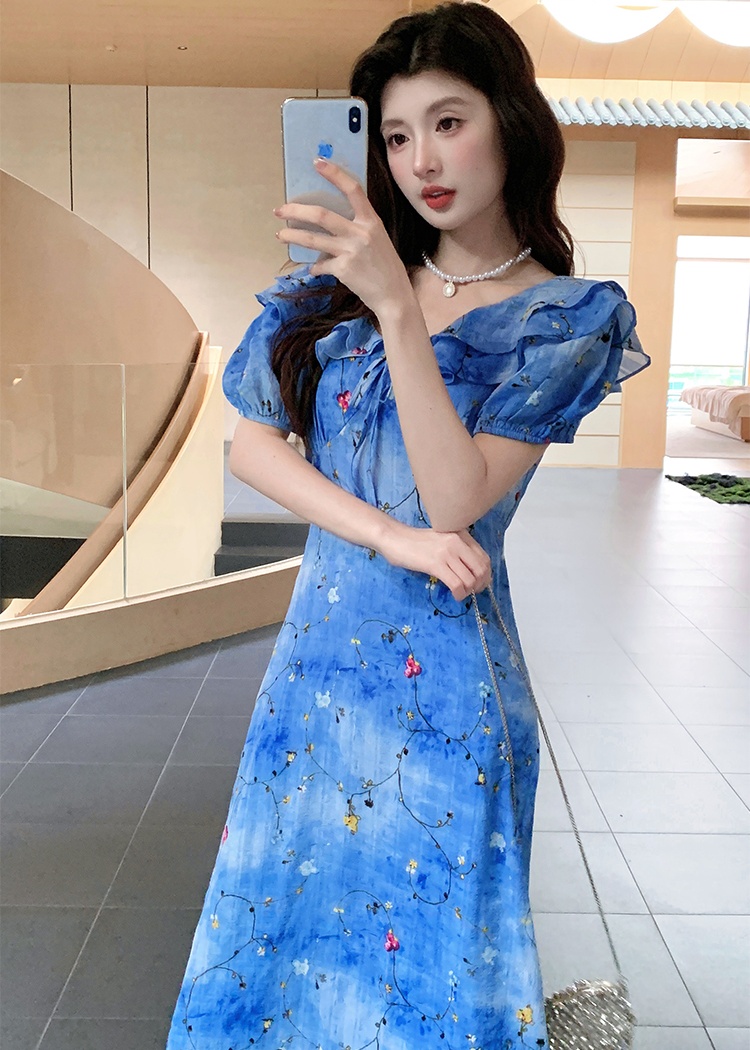 France style V-neck long dress slim floral dress