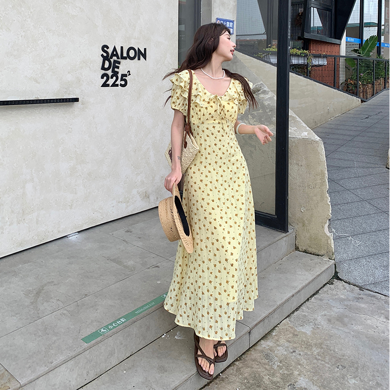 France style V-neck long dress slim floral dress