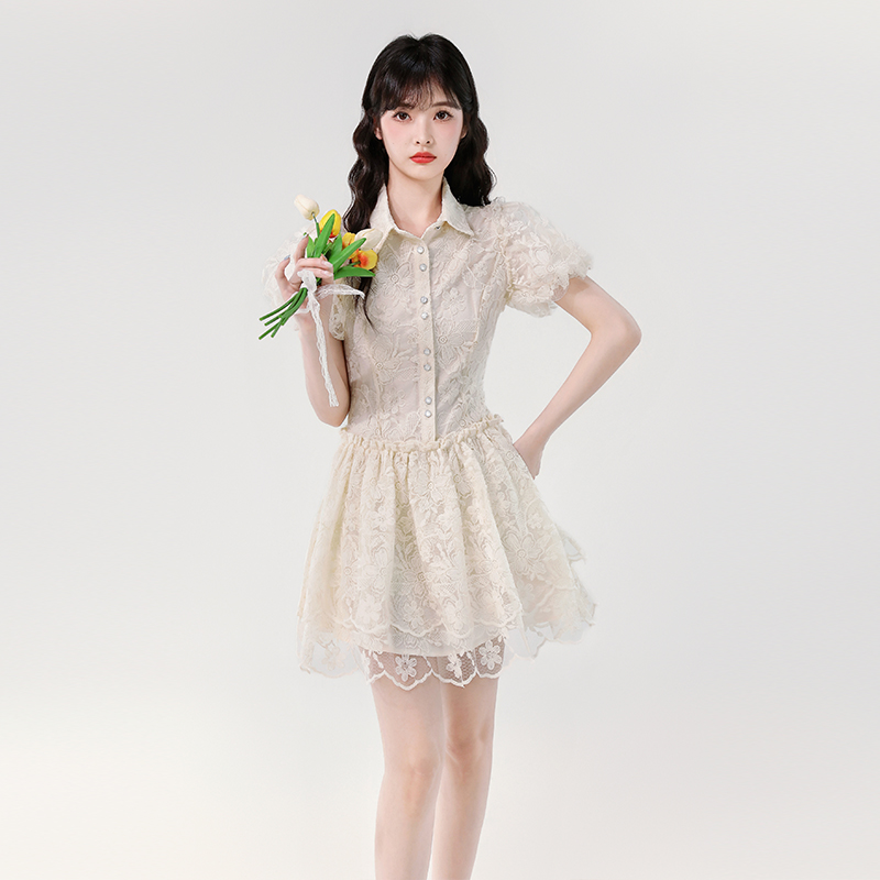 Puff sleeve lace dress niche lady dress for women