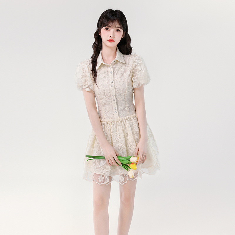 Puff sleeve lace dress niche lady dress for women