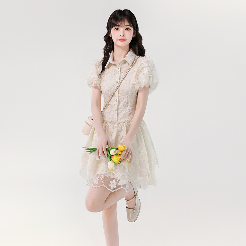 Puff sleeve lace dress niche lady dress for women