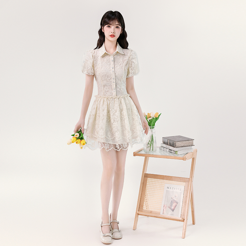 Puff sleeve lace dress niche lady dress for women