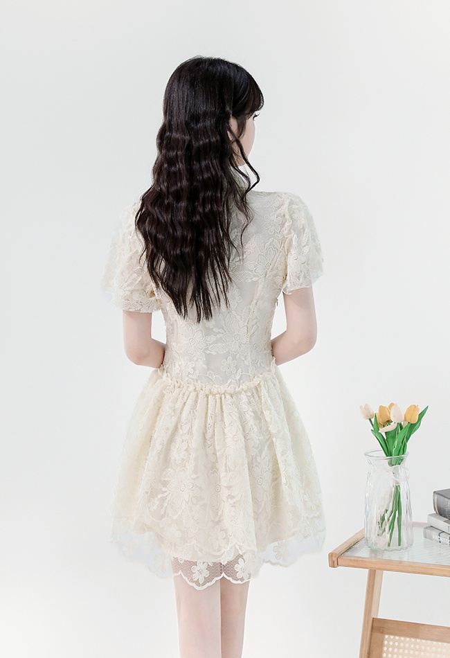 Puff sleeve lace dress niche lady dress for women