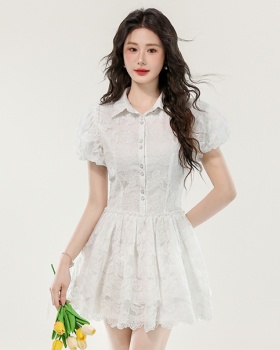 White France style lace dress puff sleeve niche lady dress