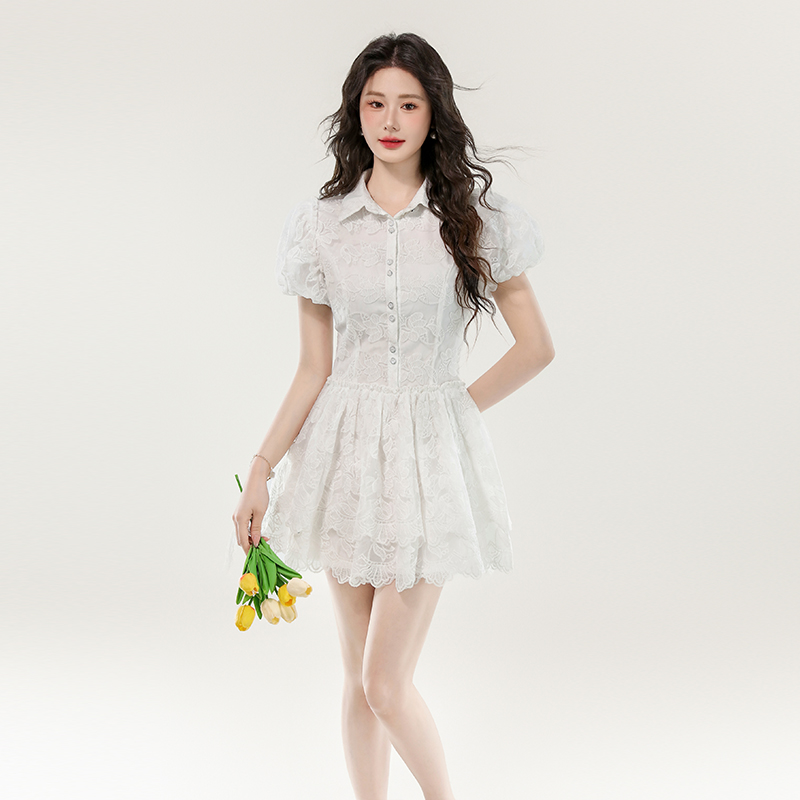 White France style lace dress puff sleeve niche lady dress