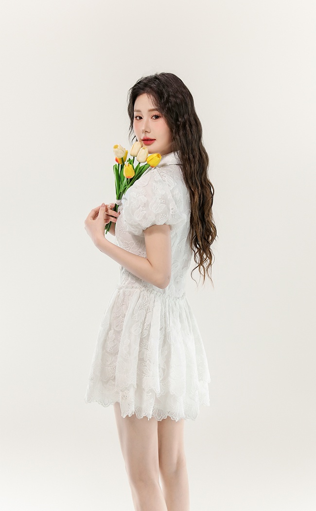 White France style lace dress puff sleeve niche lady dress