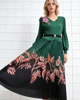 Embroidered pinched waist printing dress for women