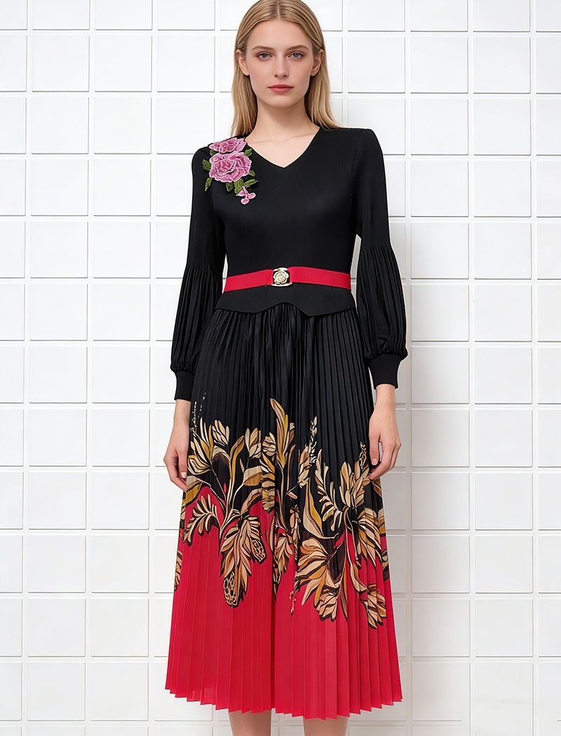 Embroidered pinched waist printing dress for women