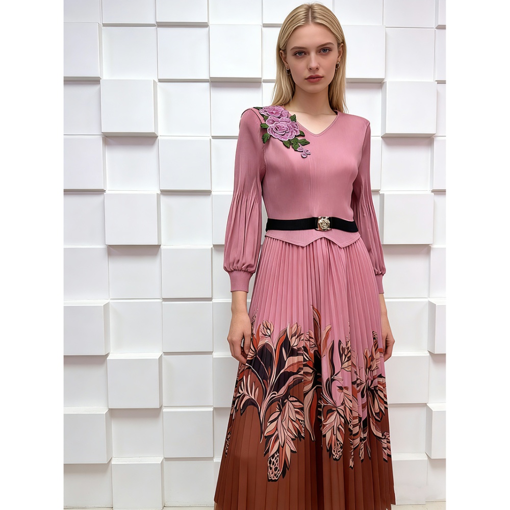 Embroidered pinched waist printing dress for women