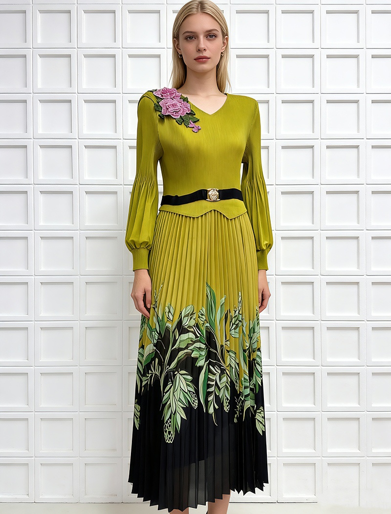 Embroidered pinched waist printing dress for women