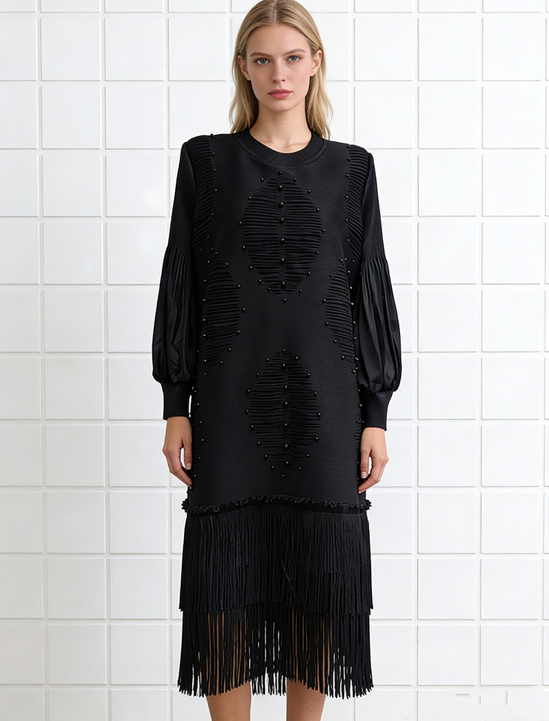 Skirt hem tassels hollow long dress beading fold dress