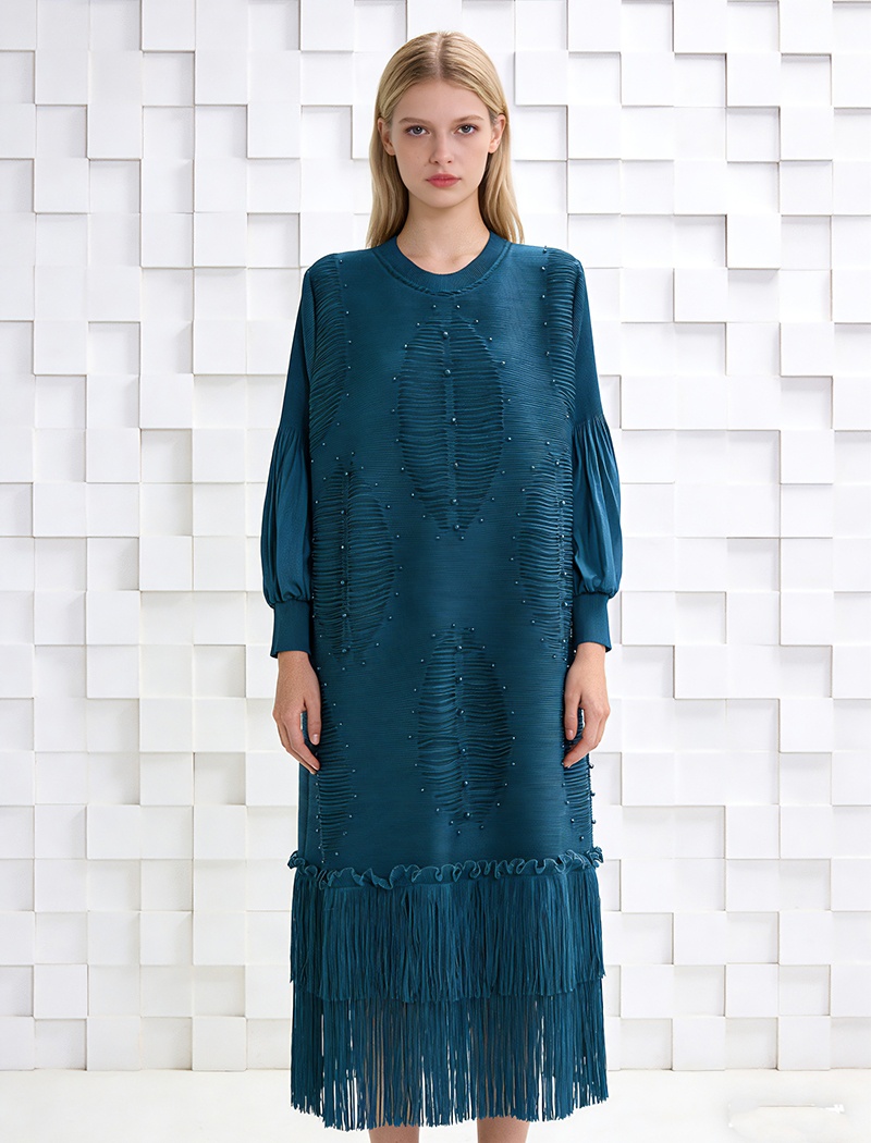 Skirt hem tassels hollow long dress beading fold dress