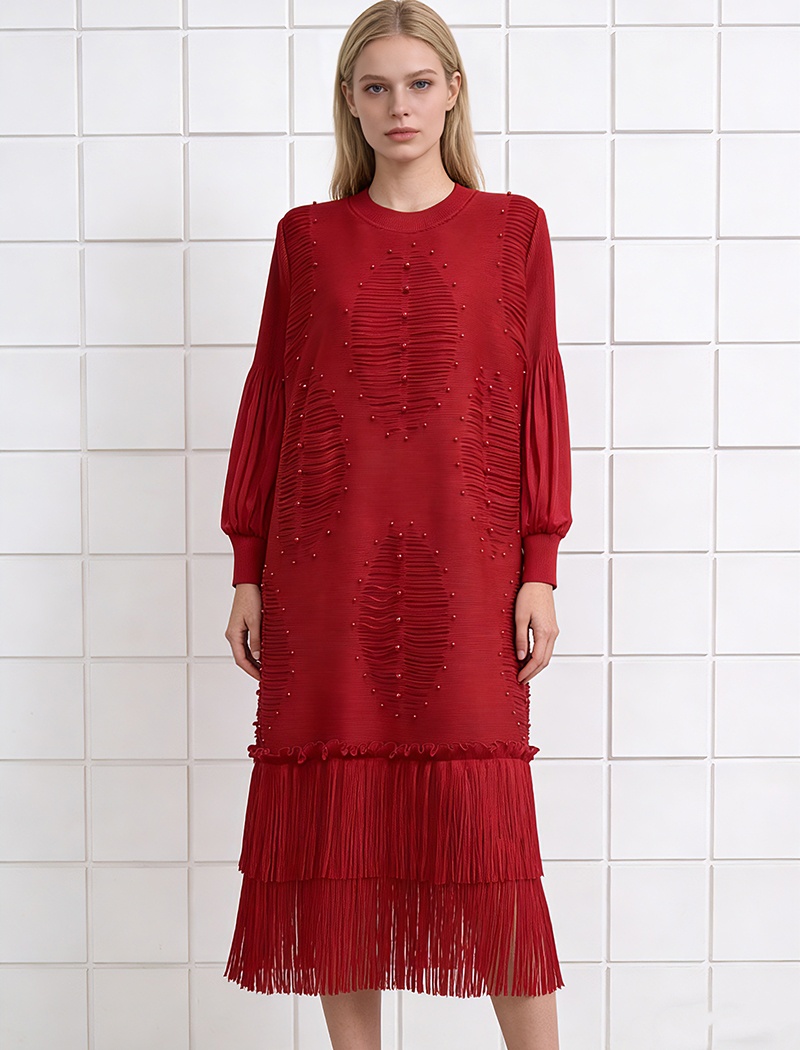 Skirt hem tassels hollow long dress beading fold dress