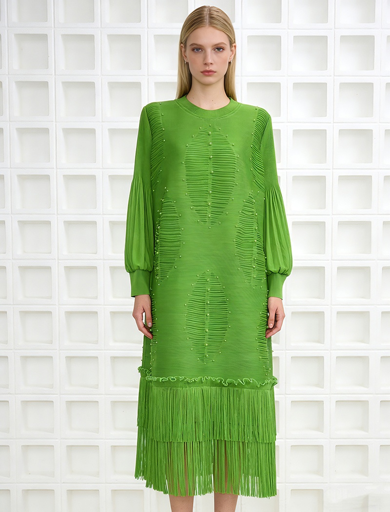 Skirt hem tassels hollow long dress beading fold dress