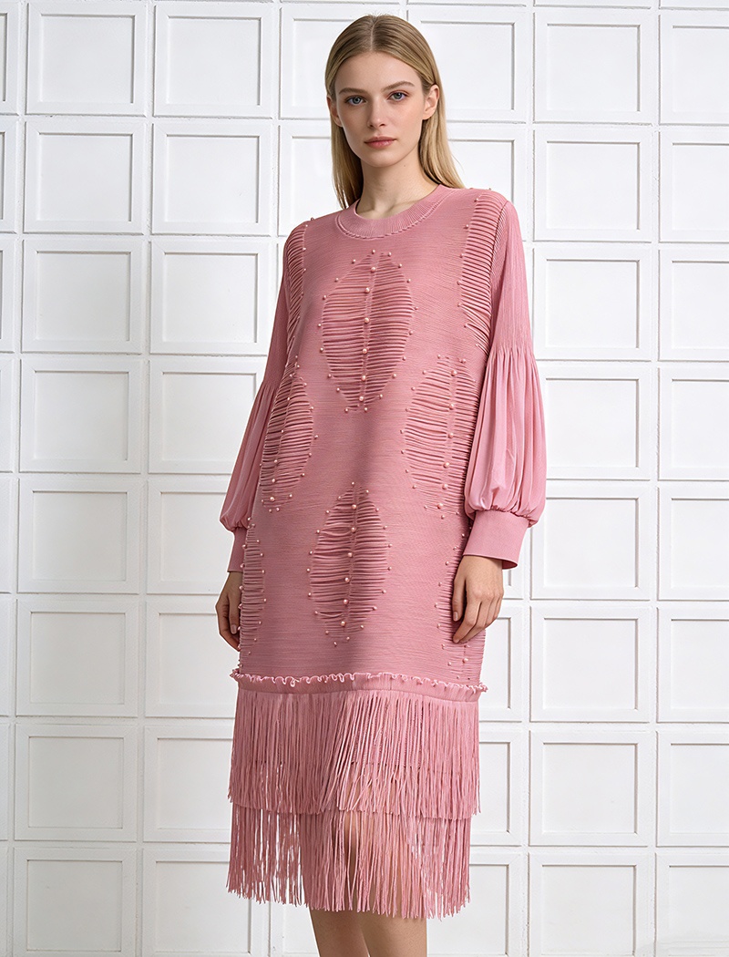 Skirt hem tassels hollow long dress beading fold dress