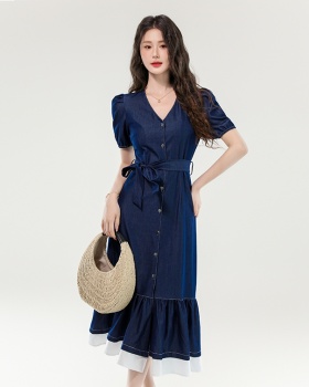 Summer denim temperament splice France style slim dress
