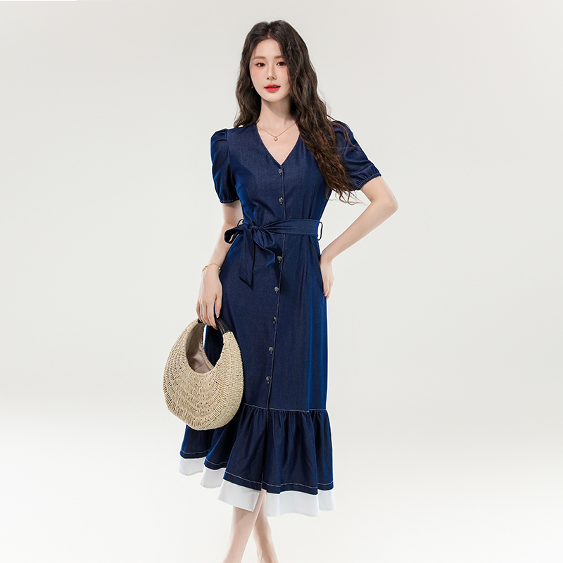 Summer denim temperament splice France style slim dress