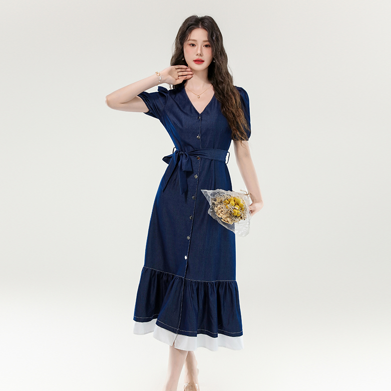 Summer denim temperament splice France style slim dress
