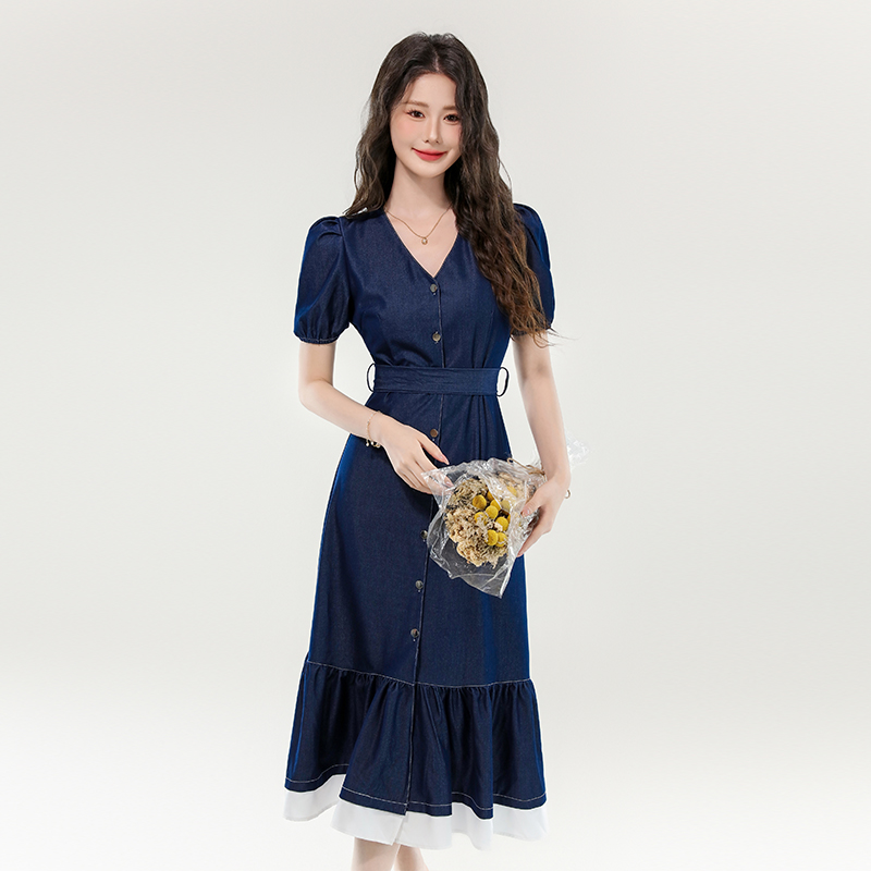 Summer denim temperament splice France style slim dress
