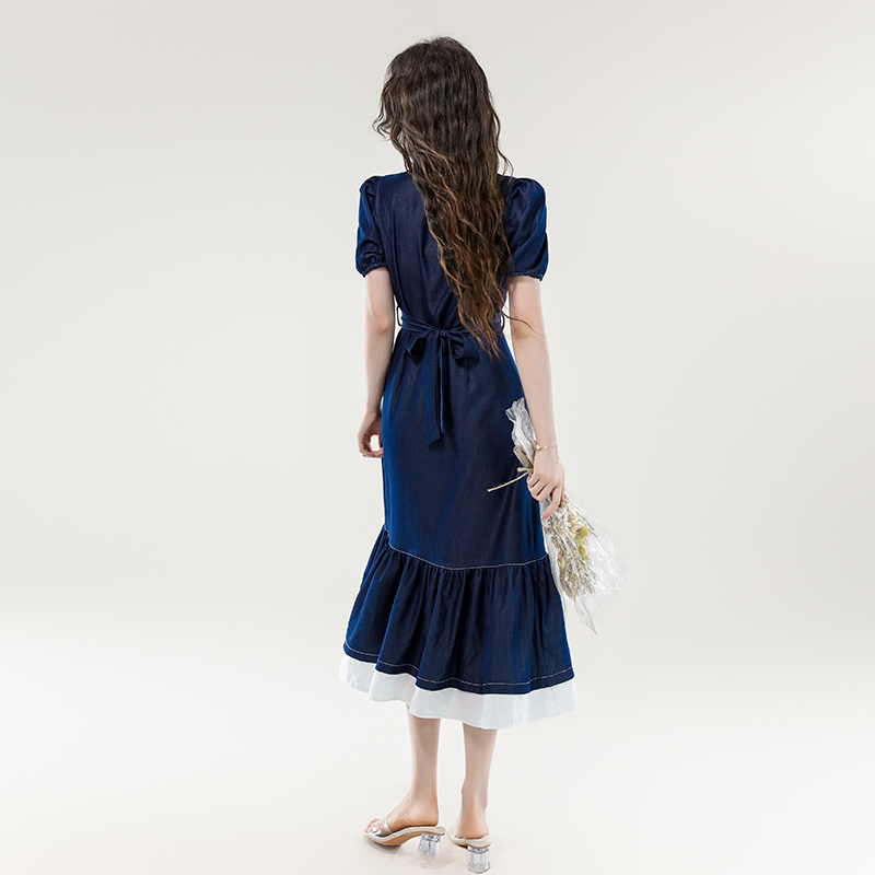 Summer denim temperament splice France style slim dress